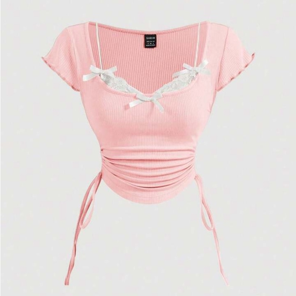 Pink Ruched Crop Top with Ribbons Lace Detail